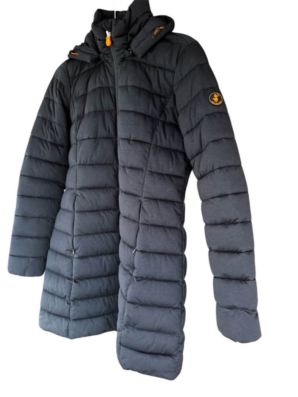 Save the Duck Daisy Plumtech Hooded Stretch Puffer Navy Blue Vegan EUC Size 0 XS